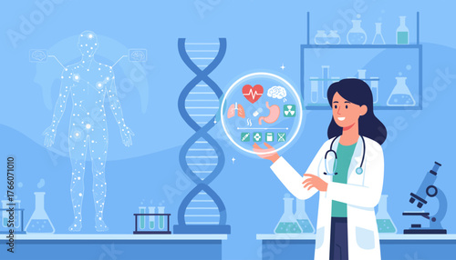A female healthcare professional in a lab coat with a stethoscope, surrounded by scientific imagery including a DNA helix, a human anatomy diagram, and various medical icons representing organs