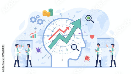 Vivid illustration of healthcare business growth analysis with doctors examining virus data, financial charts, and global health trends, symbolizing scientific research and economic development in