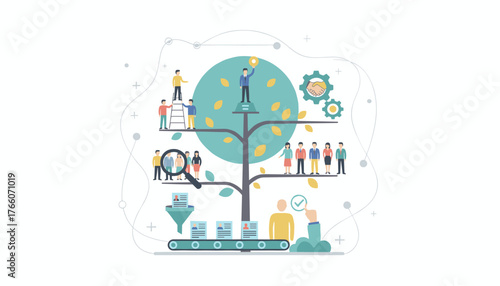 Conceptual illustration of human resource management and recruitment process, depicting a career tree with people at different levels, a magnifying glass for candidate search, a funnel for filtering