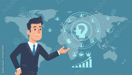 Business professional presenting a global network of human resources and talent management, visualized with a world map, interconnected profiles, and growth charts, symbolizing international