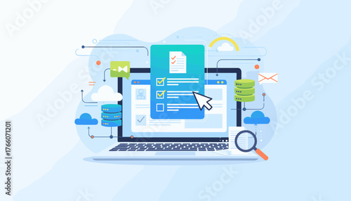 Digital online survey and form checklist on a laptop screen, with a cursor clicking a checkbox, surrounded by cloud computing icons, data servers, and network connections, representing digital data