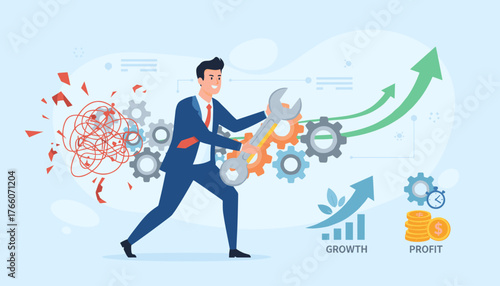 Business concept of optimization and problem-solving, a businessman in a suit uses a wrench to fix tangled mess and gears, symbolizing improvement, growth, and profit with upward arrows and coins.