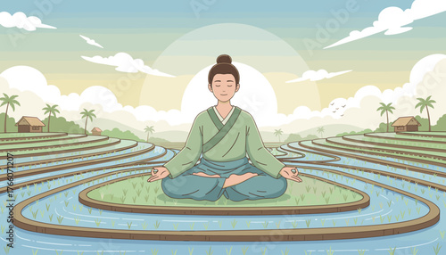 Serene Asian man in traditional green robes meditating in lotus position amidst lush, terraced rice paddies at sunrise, embodying peace and mindfulness in a tranquil rural landscape with small huts