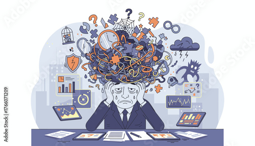 Overwhelmed businessman suffering from severe overthinking, mental stress, and anxiety, with a chaotic tangle of thoughts, symbols of problems, and data visualizations surrounding his head