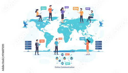Global online communication network connecting diverse people and businesses worldwide, featuring digital interaction, data exchange, and technological advancement, illustrating a connected planet.