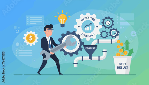 Business concept illustration of a man in a suit adjusting gears representing marketing and efficiency, leading to a process funnel that produces money and best results, symbolizing business growth
