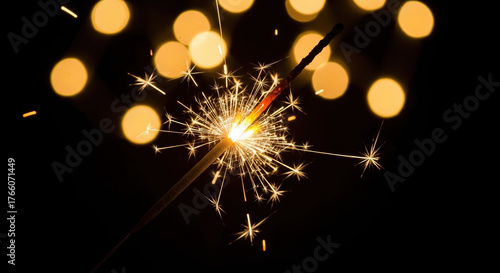 Sparkler with Glowing Light and Golden Bokeh on Dark Background