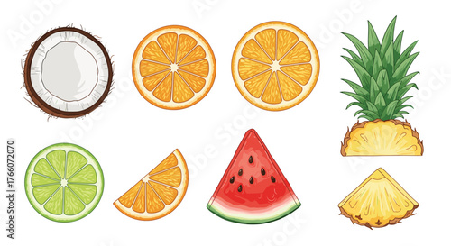 Colorful assortment of fruits, including coconut, oranges, lime, watermelon, and pineapple, presented as sliced halves and wedges.
