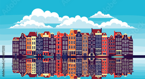 Colorful buildings in Amsterdam reflecting in the water on a bright day, creating a charming and picturesque cityscape scene.
