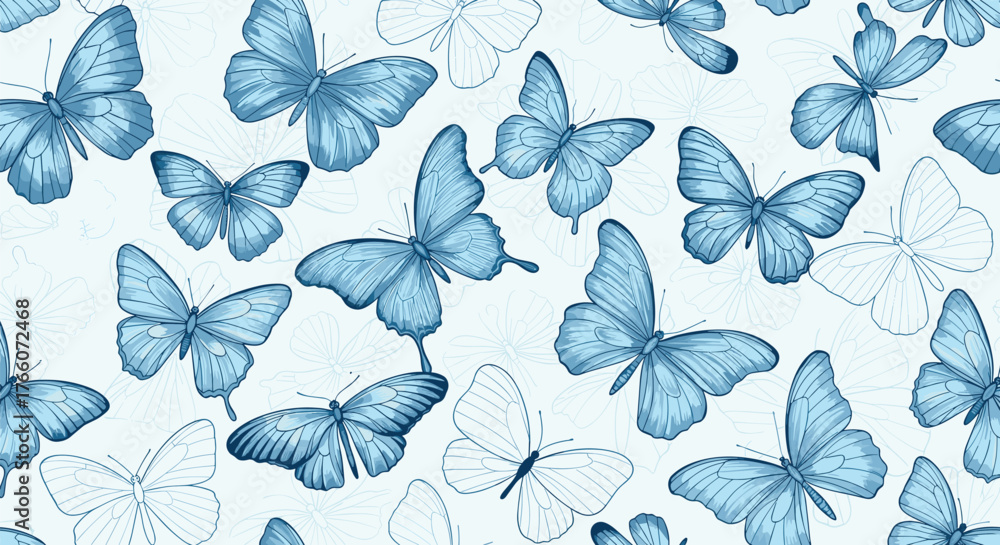 Obraz premium Elegant light blue butterfly pattern with artistic brush strokes creates a natural and soothing aesthetic for backgrounds and designs.