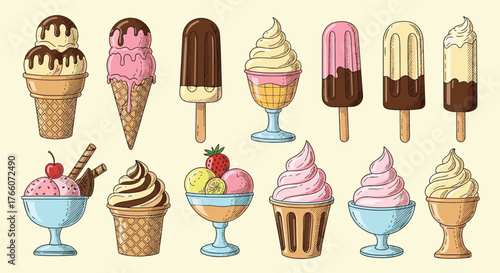 Colorful assortment of ice cream cones, popsicles, and sundaes with various flavors and toppings on a light yellow background.
