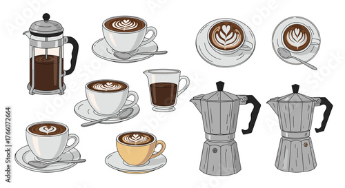 Various coffee brewing equipment and cups with latte art, illustrating different coffee preparation methods, and cup designs.