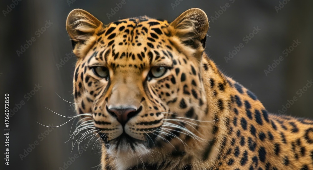 Obraz premium Close-up of a majestic spotted cat, possibly a leopard, with piercing eyes, gazing intently against a blurred natural background