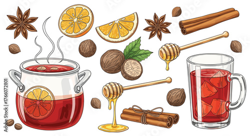 A steaming pot of mulled wine with various spices, honey, cinnamon, orange slices, and nuts on a white background.