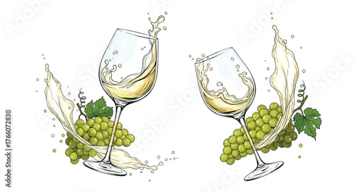Two glasses of white wine with liquid spilling out near bunches of green grapes and a swirl of vine, creating a festive celebration scene.