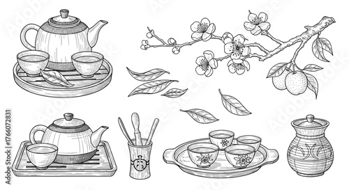 Elegant Asian tea ceremony illustration featuring teapots, cups, flowers, and leaves in a detailed, vintage-style drawing.