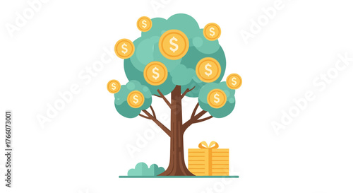 Money tree with golden dollar coins growing on its branches.