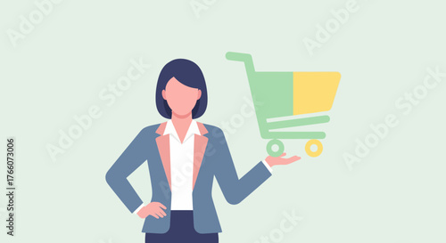 Professional businesswoman holding a shopping cart icon for e-commerce.