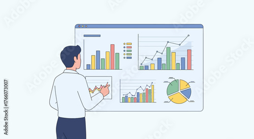 Man analyzing business data on a presentation screen with charts and graphs.