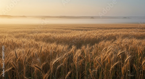 A vast field of golden wheat, bathed in the soft glow of dawn mist, stretching towards a hazy horizon