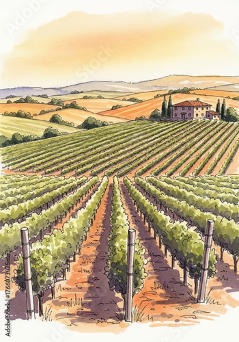 Modern watercolor illustration of a serene vineyard landscape with rolling hills and a distant rustic farmhouse