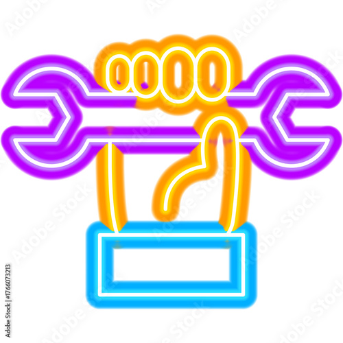 Repair Hand Wrench Neon Sign. Vector Illustration of Bright Plumber Object in Glowing Style. Tool Led Lamp Icon over Transparent Background. 