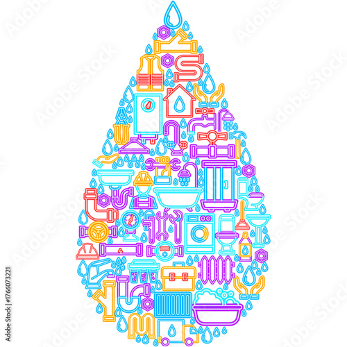 Plumbing Water Drop Neon Concept. Vector Illustration of Bright Plumber Signs in Modern Glowing Style. Led Lamp Pipe, Faucet, Wrench, Toilet, Sink over Transparent Background. Droplet Shape.