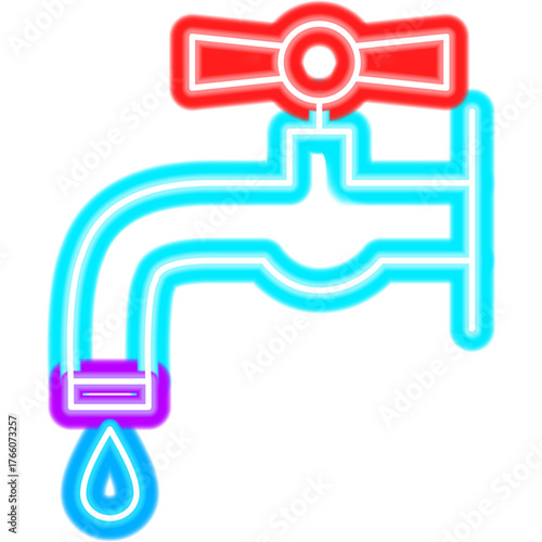 Water Kitchen Faucet Neon Sign. Vector Illustration of Bright Plumber Object in Glowing Style. Bathroom Led Lamp Icon over Transparent Background. 