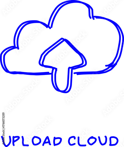 Simple blue line drawing of a cloud with an upward arrow and text “Upload Cloud,” representing data storage, file sharing, and online digital technology.
