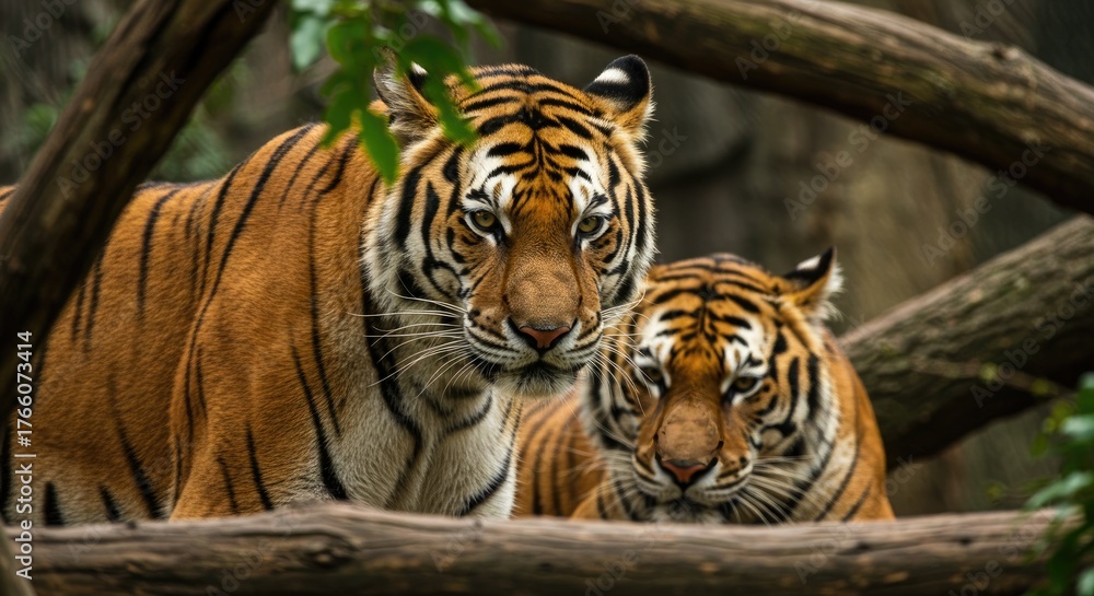 Obraz premium Two majestic tigers rest together, their orange and black stripes contrasting with the muted green foliage and woody branches around