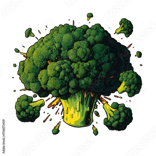 Explosion of Fresh Broccoli Florets Frozen Mid-Air on transparent background