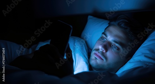 Man in bed at night using a mobile phone. A close-up shot of someone dealing with insomnia. Digital addiction, mental health, technology overuse.