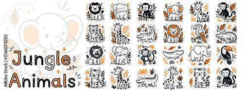 Jungle Animals Icon Set — Flat Line Art Style