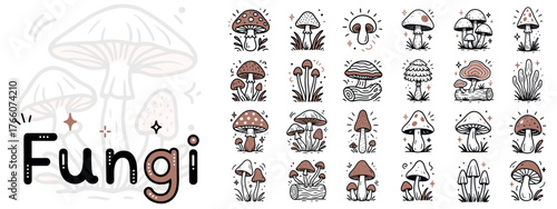 Fungi Icon Set — Flat Line Art Style