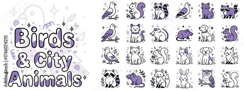 Birds and City Animals Icon Set — Flat Line Style