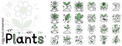 Plants Icon Set — Flat Line Art Style
