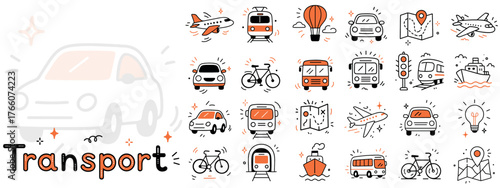 Transport Icons Set – Orange Line Vector Illustration