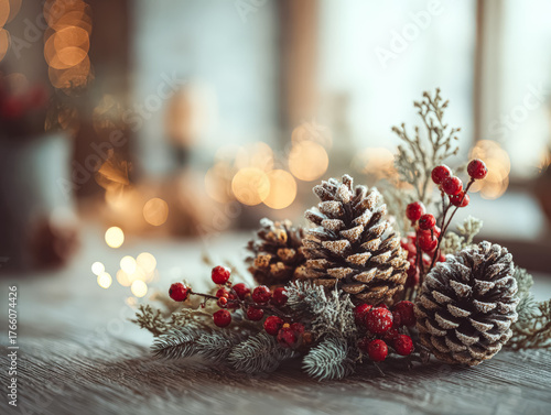 Beautifully arranged pine cones and red berries create a festive centerpiece, surrounded by soft bokeh lights, enhancing holiday ambiance