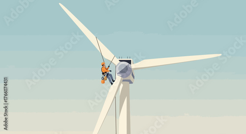 Wind turbine technician performing maintenance on a large wind turbine blade.