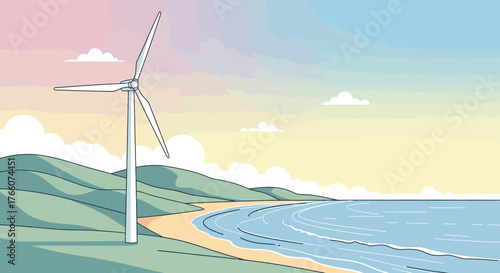 Wind Turbine on Coastal Landscape Illustration.