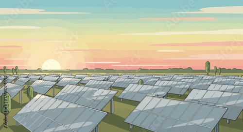 Solar panels in a field at sunset.