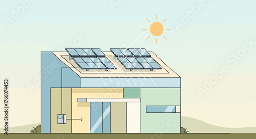 Modern House with Solar Panels on Roof Generating Clean Energy.