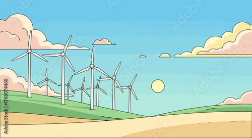Wind Turbines Generating Clean Energy in a Rural Landscape.