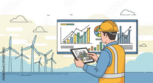 Engineer analyzing wind turbine data on tablet and screen.
