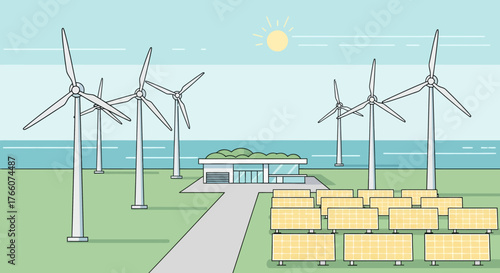 Wind turbines generating clean energy for sustainable power station.