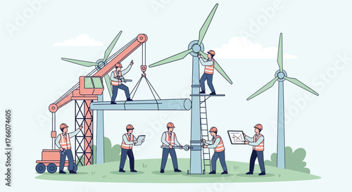 Workers Constructing Wind Turbines for Renewable Energy Generation.