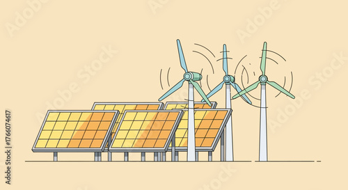 Renewable energy sources including solar panels and wind turbines illustration.