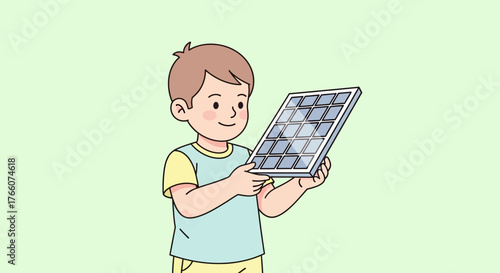 Young boy holding a solar panel, learning about renewable energy.