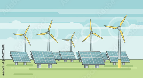 Renewable Energy Landscape with Wind Turbines and Solar Panels.