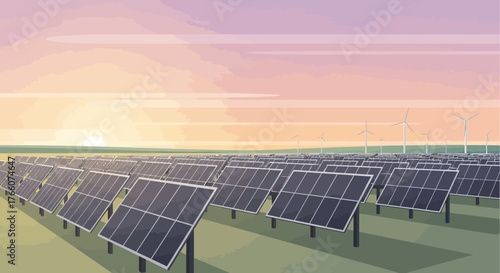 Solar panel array generating clean energy in a vast field.